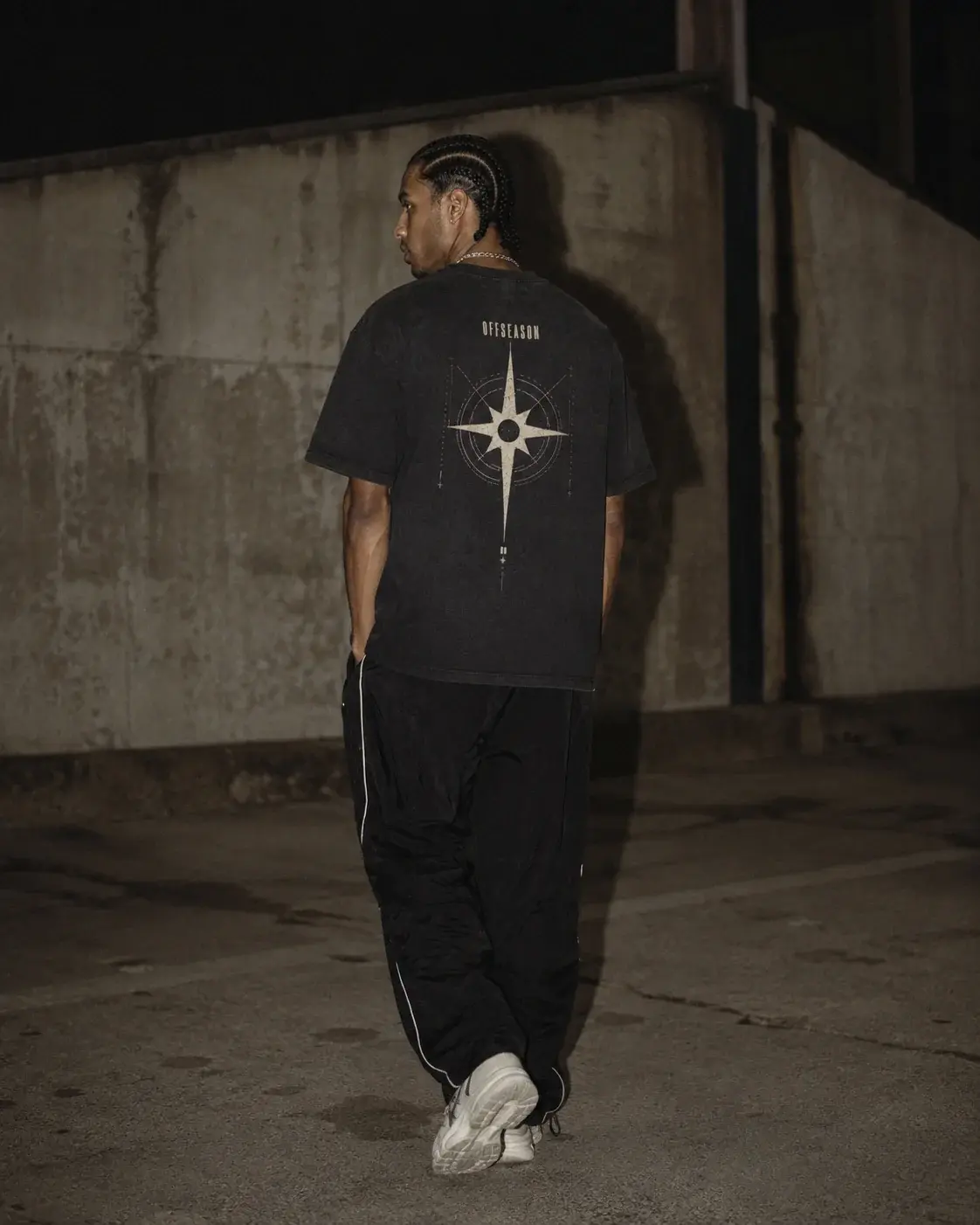 OFFSEASON Polaris tee, back print, photographed at night